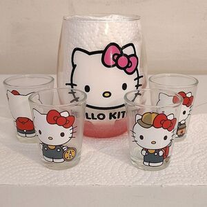 Hello Kitty Pink Red Printed Stemless Wine Glass & 5 Mini Glasses Set Kawaii